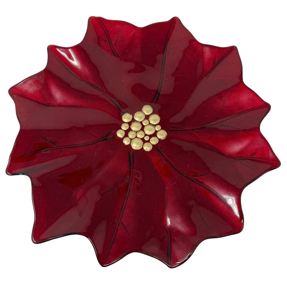 Vintage Pier 1 Poinsettia Glass Platter Red Gold Holiday Serving Platter 14.5” D